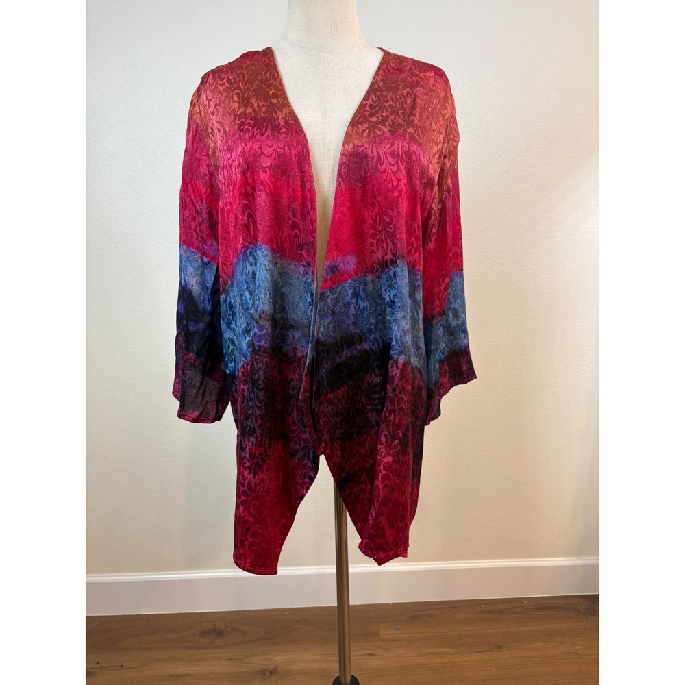 Soft Surroundings Kimono Cardigan Women PXL Red Multicolor Jacquard Boho Chic
